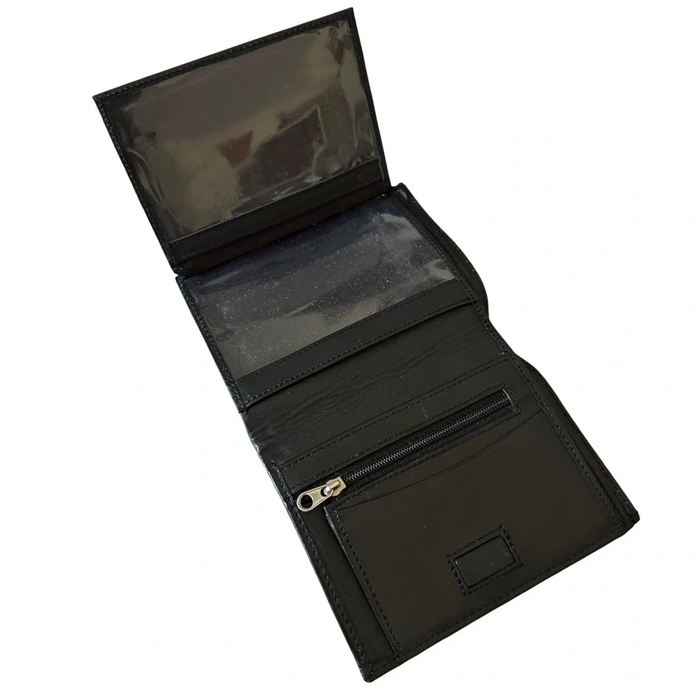 Genuine Leather Black Wallet Zip Snap Closure Card Holder Cash Compartments GUC